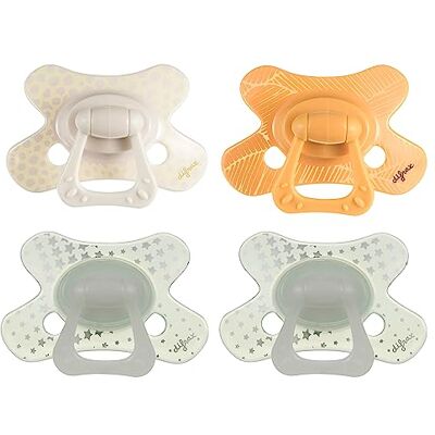 Difrax Fopspeen 12+ maanden, siliconen zuiggedeelte, beige & geel + glow-in-the-dark, 4 stuks Difrax Fopspeen 12+ maanden, siliconen zuiggedeelte, beige & geel + glow-in-the-dark, 4 stuks