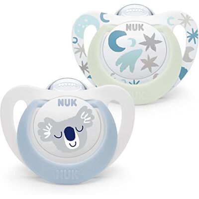 NUK Star Babyfopspeen in set van 2, 0-6 maanden, BPA-vrij, siliconen, blauw koalapatroon NUK Star Babyfopspeen in set van 2, 0-6 maanden, BPA-vrij, siliconen, blauw koalapatroon