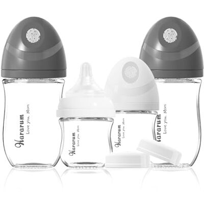 Hararum Glazen flessenset voor pasgeborenen (2 x 80 ml, 2 x 160 ml), 0 maanden met speen zeer langzame stroom (SS) en langzame stroom (S) in borstvorm, anti-koliek wit en zwart Hararum Glazen flessenset voor pasgeborenen (2 x 80 ml, 2 x 160 ml), 0 maanden met speen zeer langzame stroom (SS) en langzame stroom (S) in borstvorm, anti-koliek wit en zwart