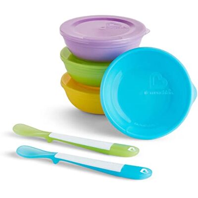 Munchkin Babymaaltijdset, Love A Bowls, kommen met deksel, gekleurd servies van kunststof, vaatwasmachinebestendig, kommen en lepels voor baby's van 1e leeftijd 4 stuks (meerkleurig) Munchkin Babymaaltijdset, Love A Bowls, kommen met deksel, gekleurd servies van kunststof, vaatwasmachinebestendig, kommen en lepels voor baby's van 1e leeftijd 4 stuks (meerkleurig)