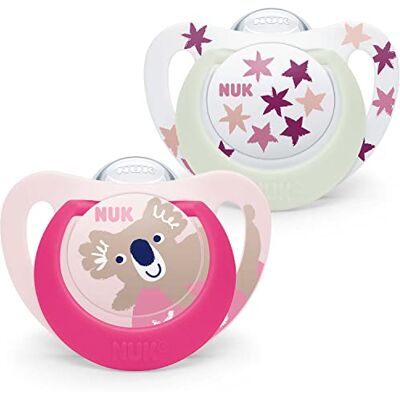 NUK Star Night & Day fopspeen voor baby's 18-36 maanden Lutscher in het donker Silicone vrij BPA Koala roze 2 stuks NUK Star Night & Day fopspeen voor baby's 18-36 maanden Lutscher in het donker Silicone vrij BPA Koala roze 2 stuks