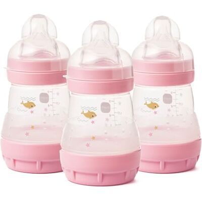 MAM Easy Start Self Sterilising Anti-Colic Babyfles, 3 stuks (3 x 160 ml) met Slow Flow Teats Maat 1, Newborn Essentials, Roze (Designs May Vary) MAM Easy Start Self Sterilising Anti-Colic Babyfles, 3 stuks (3 x 160 ml) met Slow Flow Teats Maat 1, Newborn Essentials, Roze (Designs May Vary)