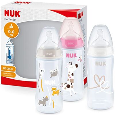 NUK First Choice babyflesset 0-6 maanden temperatuurweergave 300 ml antikoliekventiel BPA-vrij siliconen zuiger 3 kamers roze giraf NUK First Choice babyflesset 0-6 maanden temperatuurweergave 300 ml antikoliekventiel BPA-vrij siliconen zuiger 3 kamers roze giraf