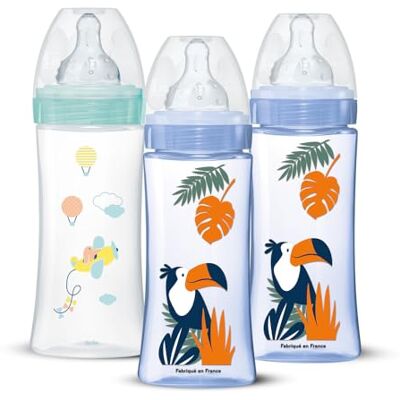 Dodie Set van 3 anti-koliek zuigflessen, rond, 330 ml + 6 maanden, 3 snelheden, debiet 3, blauw en groen Dodie Set van 3 anti-koliek zuigflessen, rond, 330 ml + 6 maanden, 3 snelheden, debiet 3, blauw en groen