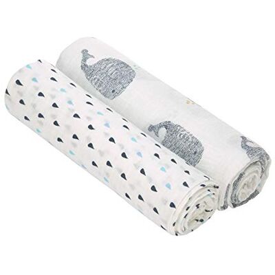 Lässig Babydeken voor kinderopvang, 2 stuks, katoen, 120 x 120 cm, heavenly soft swaddle XL, Little Water Whale Lässig Babydeken voor kinderopvang, 2 stuks, katoen, 120 x 120 cm, heavenly soft swaddle XL, Little Water Whale
