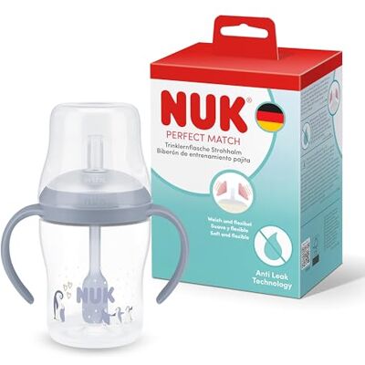 NUK Perfect Match Learner Babyfles met stang, 8 maanden en ouder, 150 ml, lekvrije staafbeker voor baby's, antislip handgrepen, pinguïn, 1 stuk NUK Perfect Match Learner Babyfles met stang, 8 maanden en ouder, 150 ml, lekvrije staafbeker voor baby's, antislip handgrepen, pinguïn, 1 stuk