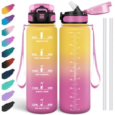 HoneyHolly Waterfles, 1 vrij, BPA-vrij en bestand tegen verlies, waterfles met rietje, herbruikbaar, motiverende fles, gymfles voor school, fitnessstudio, kantoor, sport HoneyHolly Waterfles, 1 vrij, BPA-vrij en bestand tegen verlies, waterfles met rietje, herbruikbaar, motiverende fles, gymfles voor school, fitnessstudio, kantoor, sport
