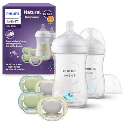 Philips Avent Natural Response-babyflessenset: 2 x 260 ml babyflessen met T3 fopspeen (vanaf 1 maand en ouder), 4 x Ultra Air fopspenen, motief met waterdieren (model SCD837/13) Philips Avent Natural Response-babyflessenset: 2 x 260 ml babyflessen met T3 fopspeen (vanaf 1 maand en ouder), 4 x Ultra Air fopspenen, motief met waterdieren (model SCD837/13)