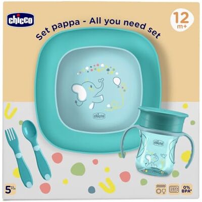 Chicco Lunchset, bevat 1 beker, 1 kom en 1 bord en bestek, vork en lepel, voedselset voor kinderen, 12 m, lichtblauw Chicco Lunchset, bevat 1 beker, 1 kom en 1 bord en bestek, vork en lepel, voedselset voor kinderen, 12 m, lichtblauw
