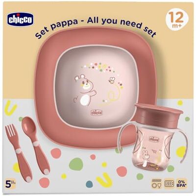 Chicco Lunchset, bevat 1 beker, 1 kom en 1 bord en bestek, vork en lepel, voedselset voor kinderen, 12 m, roze Chicco Lunchset, bevat 1 beker, 1 kom en 1 bord en bestek, vork en lepel, voedselset voor kinderen, 12 m, roze