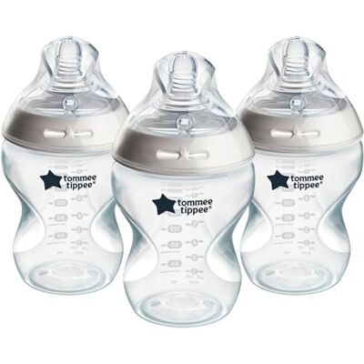 Tommee Tippee Closer to Nature babyflessen, fopspeen in borstvorm met anti-koliek ventiel, 260 ml, 3 stuks, verschillende kleuren Tommee Tippee Closer to Nature babyflessen, fopspeen in borstvorm met anti-koliek ventiel, 260 ml, 3 stuks, verschillende kleuren
