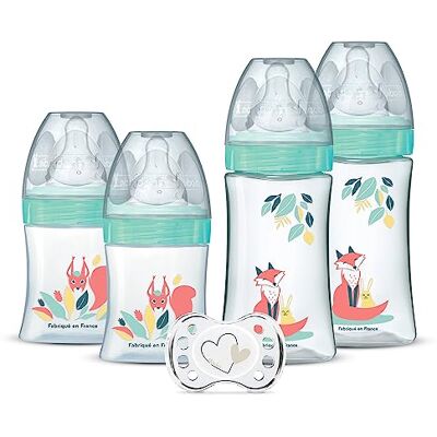 Dodie Set van 4 babyflessen voor geboorte, rond, anti-koliek speen (2 x 150 ml en 2 x 270 ml), + een fopspeen voor geboorte Dodie Set van 4 babyflessen voor geboorte, rond, anti-koliek speen (2 x 150 ml en 2 x 270 ml), + een fopspeen voor geboorte