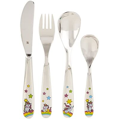 WMF Bestek voor kinderen van 3 tot 9 jaar, eenhoorn, 4-delig, van gepolijst Cromargan roestvrij staal, vaatwasmachinebestendig, staal, zilver (zilver), 21,3 x 15,5 x 2,5 cm WMF Bestek voor kinderen van 3 tot 9 jaar, eenhoorn, 4-delig, van gepolijst Cromargan roestvrij staal, vaatwasmachinebestendig, staal, zilver (zilver), 21,3 x 15,5 x 2,5 cm