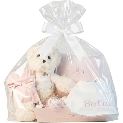 BebeDeParis Slabbetje voor pasgeborenen – geschenkmand voor baby's, personaliseerbaar met fopspeen en slabbetje met voornaam van de baby, roze BebeDeParis Slabbetje voor pasgeborenen – geschenkmand voor baby's, personaliseerbaar met fopspeen en slabbetje met voornaam van de baby, roze
