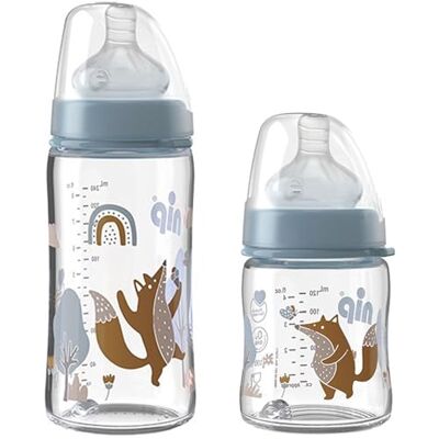 nip Set van 2 glazen flessen met brede hals, 120 ml + 240 ml, siliconen fopspeen maat S, dunste zuiggat, niet-poreus glas, glad, vanaf dag 1, moedermelk, voorvoeding nip Set van 2 glazen flessen met brede hals, 120 ml + 240 ml, siliconen fopspeen maat S, dunste zuiggat, niet-poreus glas, glad, vanaf dag 1, moedermelk, voorvoeding