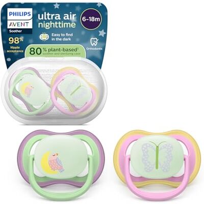 AVENT Philips SCF376/29 Ultra Air fopspeen voor baby's van 6 tot 18 maanden, fosforescerend, symmetrische speen van zachte siliconen, BPA-vrij, 2 stuks AVENT Philips SCF376/29 Ultra Air fopspeen voor baby's van 6 tot 18 maanden, fosforescerend, symmetrische speen van zachte siliconen, BPA-vrij, 2 stuks