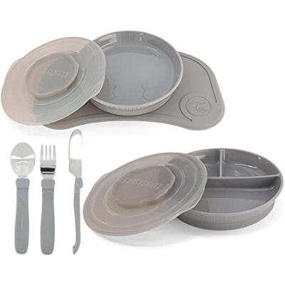 Twistshake Babyserviesset, 6-delig, 1 x babyplacemat van siliconen, 1 x kinderbord, 1 x deelbord, 3 x leerbestek van roestvrij staal, 6 maanden, grijs Twistshake Babyserviesset, 6-delig, 1 x babyplacemat van siliconen, 1 x kinderbord, 1 x deelbord, 3 x leerbestek van roestvrij staal, 6 maanden, grijs