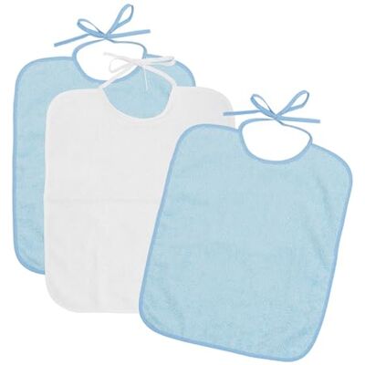 Ti TIN , Set van 3 waterdichte slabbetjes, 33 x 36 cm, 90% katoen, 10% polyester, slabbetjes voor baby's vanaf 1 jaar, gesp, sluitband, zonder plastic, effen kleur (wit en blauw) 320 g/m² Ti TIN , Set van 3 waterdichte slabbetjes, 33 x 36 cm, 90% katoen, 10% polyester, slabbetjes voor baby's vanaf 1 jaar, gesp, sluitband, zonder plastic, effen kleur (wit en blauw) 320 g/m²