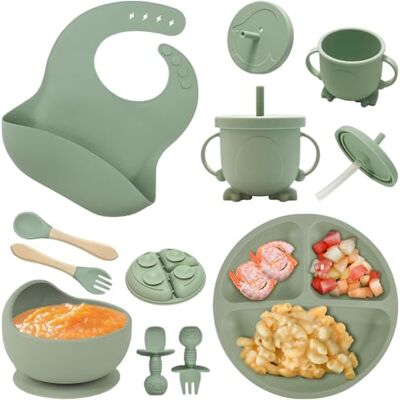 NEXROLA Set van 8 eetborden, met zuignap, slabbetje, siliconen slabbetje, lepel vork voor baby's, kinderborden, babyspenen, groen NEXROLA Set van 8 eetborden, met zuignap, slabbetje, siliconen slabbetje, lepel vork voor baby's, kinderborden, babyspenen, groen