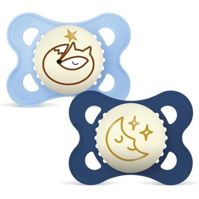 MAM Originele Pure Night S331 fopspeen met SkinSoftTM Ultrasuave siliconen fopspeen voor baby's van 2 tot 6 maanden, gloeit in het donker, blauw, 2 stuks MAM Originele Pure Night S331 fopspeen met SkinSoftTM Ultrasuave siliconen fopspeen voor baby's van 2 tot 6 maanden, gloeit in het donker, blauw, 2 stuks
