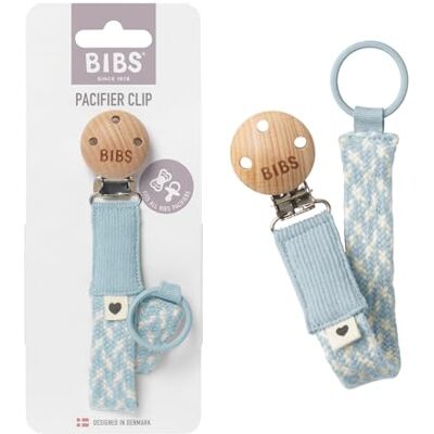 Bibs Gevlochten fopspeenhouder, babyblauw/ivoor Veilige bevestiging met één hand voorkomt vallende fopspenen Bibs Gevlochten fopspeenhouder, babyblauw/ivoor Veilige bevestiging met één hand voorkomt vallende fopspenen