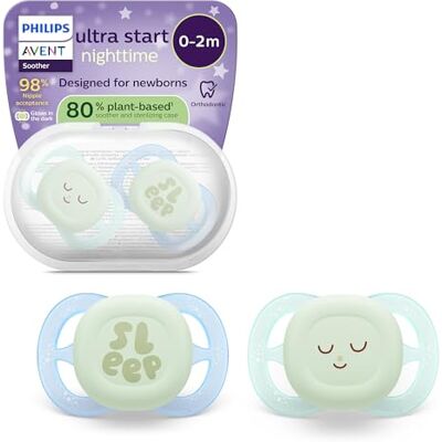 AVENT Philips SCF075/18 Ultra Start Orthodontische nachtfopspeen voor pasgeborenen, fosforescerend, symmetrische fopspeen van zachte siliconen, BPA-vrij, met sterilisatie-etui, 2 stuks AVENT Philips SCF075/18 Ultra Start Orthodontische nachtfopspeen voor pasgeborenen, fosforescerend, symmetrische fopspeen van zachte siliconen, BPA-vrij, met sterilisatie-etui, 2 stuks