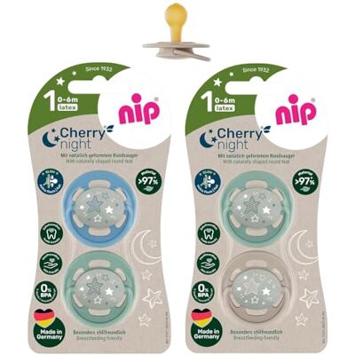 nip ® Cherry fopspeen Natural Rubber, 0-6 Mes, 4 stuks, gemaakt in Duitsland nip ® Cherry fopspeen Natural Rubber, 0-6 Mes, 4 stuks, gemaakt in Duitsland