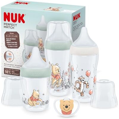 NUK Perfect Match flessenset, 0-6 maanden, past in het gehemelte van de baby, 3 anti-koliek flessen en space-fopspeen, BPA-vrij, Disney, Winnie de Poeh, 4 stuks NUK Perfect Match flessenset, 0-6 maanden, past in het gehemelte van de baby, 3 anti-koliek flessen en space-fopspeen, BPA-vrij, Disney, Winnie de Poeh, 4 stuks
