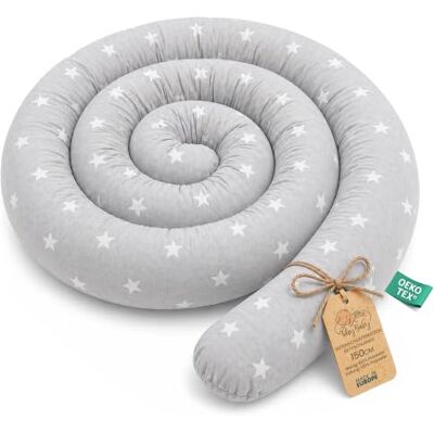 Totsy Baby Serpentijnkussen XXL voedingskussen opgerold bed randbescherming decoratief kussen bedrand slang XL handgemaakt witte sterren op grijs 150 cm Oeko-Tex certificaat Totsy Baby Serpentijnkussen XXL voedingskussen opgerold bed randbescherming decoratief kussen bedrand slang XL handgemaakt witte sterren op grijs 150 cm Oeko-Tex certificaat