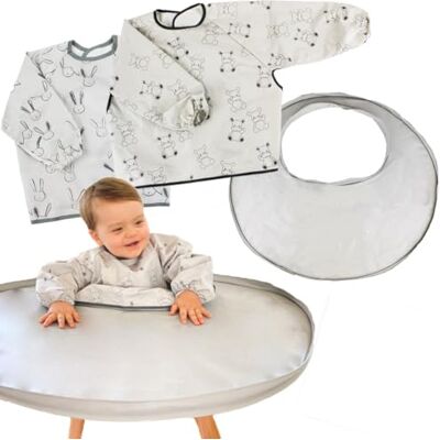 Hello Hippo Set van 2 grijze bedrukte waterdichte slabbetjes en leerbord voor kinderstoel Slabbetje + leerbord met zuignap Slabbetje met hoezen om te eten Taille unique Hello Hippo Set van 2 grijze bedrukte waterdichte slabbetjes en leerbord voor kinderstoel Slabbetje + leerbord met zuignap Slabbetje met hoezen om te eten Taille unique