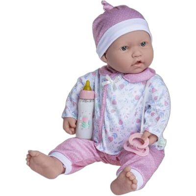 JC TOYS La Baby pop, 51 cm, met zacht en wasbaar lichaam, magische fles en fopspeen, roze en wit, bloemen, ontworpen in Spanje, +2 jaar JC TOYS La Baby pop, 51 cm, met zacht en wasbaar lichaam, magische fles en fopspeen, roze en wit, bloemen, ontworpen in Spanje, +2 jaar