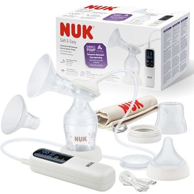 NUK Soft & Easy Elektrische borstkolf, eenvoudige elektrische borstkolf, met accu en zachte opzetstukken, met perfecte match-fles, 150 ml, 1 stuk NUK Soft & Easy Elektrische borstkolf, eenvoudige elektrische borstkolf, met accu en zachte opzetstukken, met perfecte match-fles, 150 ml, 1 stuk