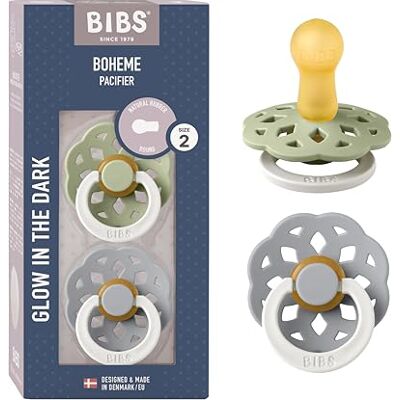 Bibs Boheme Glow in the Dark-fopspeen 2-stuks. Bevat geen BPA (bisphenol A). Ronde speen latex, Maat 2 (6-18 maanden), Sage Glow / Cloud Glow Latex de caoutchouc naturel Taille 2 Sans BPA Anneau lumineux Haute acceptation de la tétine Bibs Boheme Glow in the Dark-fopspeen 2-stuks. Bevat geen BPA (bisphenol A). Ronde speen latex, Maat 2 (6-18 maanden), Sage Glow / Cloud Glow Latex de caoutchouc naturel Taille 2 Sans BPA Anneau lumineux Haute acceptation de la tétine