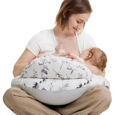 Momcozy Voedingskussen met veiligheidsrand ergonomisch voedings- en positioneringskussen met verstelbare riem en afneembare katoenen overtrek, bleke inktbladeren Momcozy Voedingskussen met veiligheidsrand ergonomisch voedings- en positioneringskussen met verstelbare riem en afneembare katoenen overtrek, bleke inktbladeren