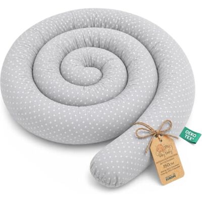 Totsy Baby Serpentijnkussen, XXL, voedingskussen, opgerold, bedrandbescherming, decoratief kussen, bedrand, slang, XL, handgemaakt, witte stippen op grijs, 150 cm, Oeko-Tex certificaat Totsy Baby Serpentijnkussen, XXL, voedingskussen, opgerold, bedrandbescherming, decoratief kussen, bedrand, slang, XL, handgemaakt, witte stippen op grijs, 150 cm, Oeko-Tex certificaat