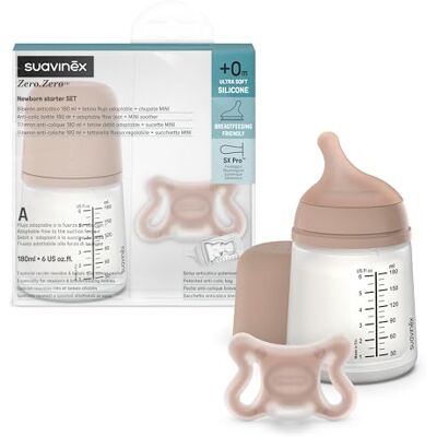 Suavinex , Starter Set Zero Zero Anti-koliek fles 180 ml met speciale speen voor borstvoeding + Zero Zero fopspeen voor geboorte, mini-maat (-2 tot 2 maanden) met symmetrische speen SX Pro, medium Suavinex , Starter Set Zero Zero Anti-koliek fles 180 ml met speciale speen voor borstvoeding + Zero Zero fopspeen voor geboorte, mini-maat (-2 tot 2 maanden) met symmetrische speen SX Pro, medium