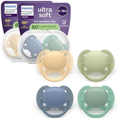 AVENT Philips SCF091/53 ultrazachte fopspeen voor baby's van 6-18 maanden, zacht schild, symmetrische siliconen speen, BPA-vrij, met 2 sterilisatie-hoesjes, 4 stuks AVENT Philips SCF091/53 ultrazachte fopspeen voor baby's van 6-18 maanden, zacht schild, symmetrische siliconen speen, BPA-vrij, met 2 sterilisatie-hoesjes, 4 stuks