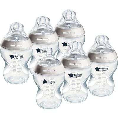 Tommee Tippee Closer to Nature babyflessen, fopspeen in borstvorm met anti-koliek ventiel, 260 ml, 6 stuks, verschillende kleuren Tommee Tippee Closer to Nature babyflessen, fopspeen in borstvorm met anti-koliek ventiel, 260 ml, 6 stuks, verschillende kleuren