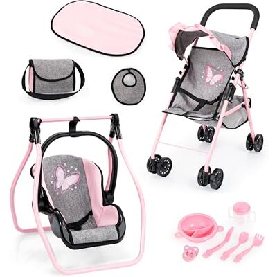 Bayer Design Poppenwandelwagenset met tas, wieg dubbele wielen, geïntegreerde mand, opvouwbaar, aankleedkussen, beker, slabbetje, accessoires voor vele rollenspellen Bayer Design Poppenwandelwagenset met tas, wieg dubbele wielen, geïntegreerde mand, opvouwbaar, aankleedkussen, beker, slabbetje, accessoires voor vele rollenspellen