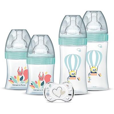 Dodie Set van 4 babyflessen voor geboorte, platte zuiger tegen koliek (2 x 150 ml en 2 x 270 ml), een fopspeen voor geboorte Dodie Set van 4 babyflessen voor geboorte, platte zuiger tegen koliek (2 x 150 ml en 2 x 270 ml), een fopspeen voor geboorte