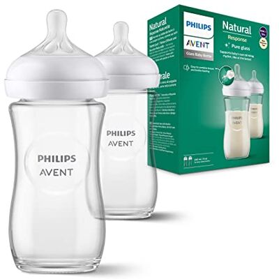 Philips Avent Set van 2 Natural Response glazen flessen 240 ml fles, BPA-vrij voor baby's vanaf 1 maand (model SCY933/02) Philips Avent Set van 2 Natural Response glazen flessen 240 ml fles, BPA-vrij voor baby's vanaf 1 maand (model SCY933/02)