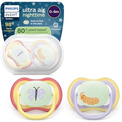 AVENT Philips Ultra Air nachtfopspeen orthodontisch voor baby's van 0-6 maanden, fosforescerend, symmetrische speen van zachte siliconen, BPA-vrij, 2 stuks, SCF376/25 AVENT Philips Ultra Air nachtfopspeen orthodontisch voor baby's van 0-6 maanden, fosforescerend, symmetrische speen van zachte siliconen, BPA-vrij, 2 stuks, SCF376/25