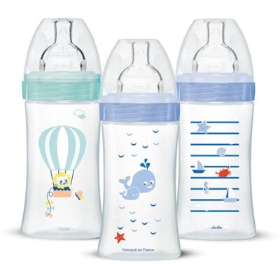 Dodie Set van 3 Sensation+ anti-koliek babyflessen, jongens, 270 ml, 0-6 maanden, platte speen, debiet 2 Dodie Set van 3 Sensation+ anti-koliek babyflessen, jongens, 270 ml, 0-6 maanden, platte speen, debiet 2
