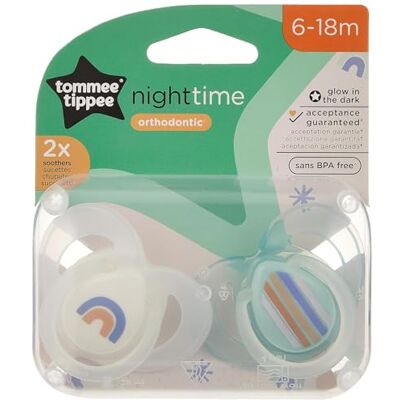 Tommee Tippee Night Time Glow in the Dark Soothers, Symmetrisch Orthodontisch Design, BPA-vrije siliconen, 6-18 maanden, verpakking van 2 duimen, gesorteerd Tommee Tippee Night Time Glow in the Dark Soothers, Symmetrisch Orthodontisch Design, BPA-vrije siliconen, 6-18 maanden, verpakking van 2 duimen, gesorteerd