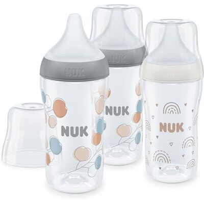 NUK Perfect Match flessenset, 3 maanden, past zich aan het gehemelte aan, temperatuurregeling, anti-koliek ventilatieopening, 260 ml, BPA-vrij, siliconen fopspeen M, regenboog en tak, 3 stuks NUK Perfect Match flessenset, 3 maanden, past zich aan het gehemelte aan, temperatuurregeling, anti-koliek ventilatieopening, 260 ml, BPA-vrij, siliconen fopspeen M, regenboog en tak, 3 stuks