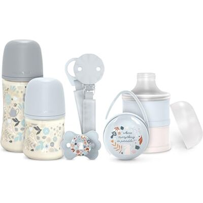 Suavinex , Cadeauset voor pasgeborenen. Anti-koliek flessenset 150 ml en 270 ml + fopspeen 0/6 maanden met symmetrische speen SX Pro + melkdoseerder + fopspeenhouder + speendoosje. Wonderland blauw Suavinex , Cadeauset voor pasgeborenen. Anti-koliek flessenset 150 ml en 270 ml + fopspeen 0/6 maanden met symmetrische speen SX Pro + melkdoseerder + fopspeenhouder + speendoosje. Wonderland blauw