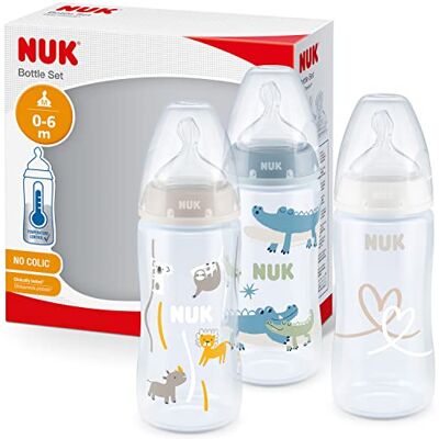NUK First Choice Set van babyflessen, 0-6 maanden, temperatuurweergave, 300 ml, antikrampjesventiel, BPA-vrij, siliconenfopspeen, 3-delig, safari NUK First Choice Set van babyflessen, 0-6 maanden, temperatuurweergave, 300 ml, antikrampjesventiel, BPA-vrij, siliconenfopspeen, 3-delig, safari