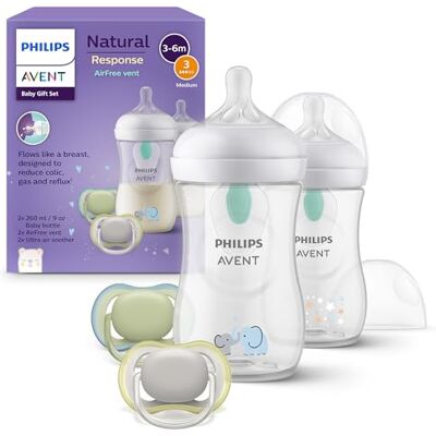 Philips Avent Natural Response-flessenset: 2 x 260 ml anti-koliek flessen met T3 spenen (1 maand +), 2 x ultra air fopspenen (model SCD657/12) Philips Avent Natural Response-flessenset: 2 x 260 ml anti-koliek flessen met T3 spenen (1 maand +), 2 x ultra air fopspenen (model SCD657/12)