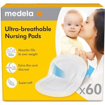 Medela Ultra-ademende, zeer absorberende borstvoedingspads, discreet design voor comfortabel dragen, 60 stuks Medela Ultra-ademende, zeer absorberende borstvoedingspads, discreet design voor comfortabel dragen, 60 stuks