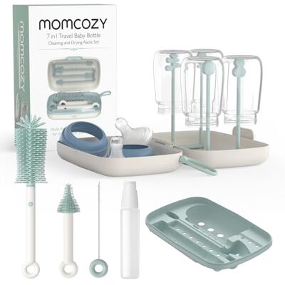 Momcozy Siliconen flessenborstel, reisreinigingsset met speenborstel + wattenstaafje + opbergdoos, geïntegreerde drooghouder, klaar voor babyuitstapjes Momcozy Siliconen flessenborstel, reisreinigingsset met speenborstel + wattenstaafje + opbergdoos, geïntegreerde drooghouder, klaar voor babyuitstapjes